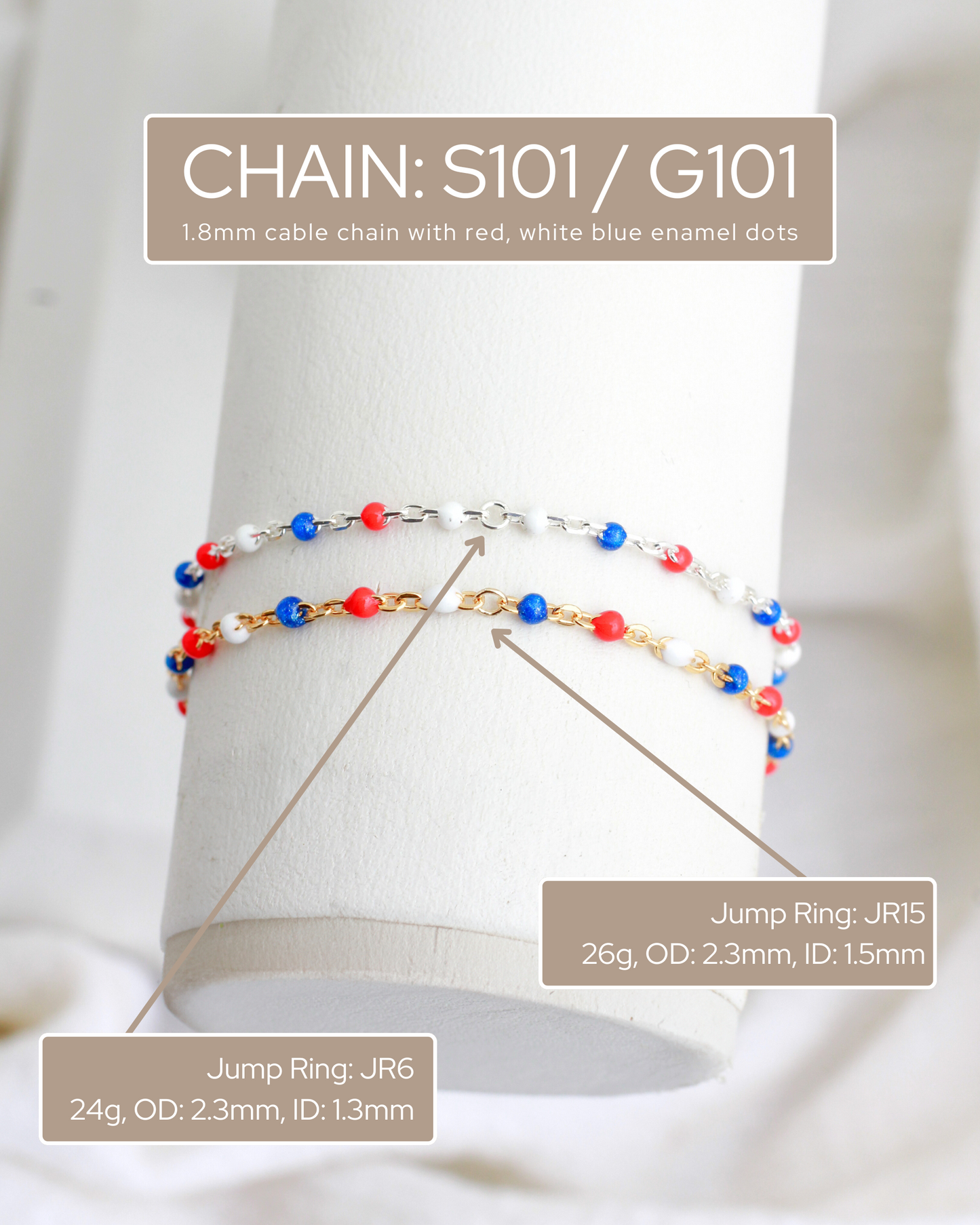1.8mm Cable Chain with Red, White, and Blue Enamel Dots, S101, G101