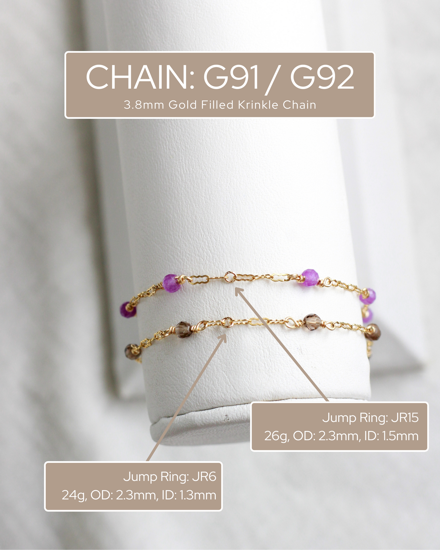 1.5mm Krinkle Chain w/ 3mm Genuine Smoky Quartz, S92, G92