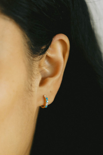 11mm Huggies Hoop Earrings with Turquoise & Cubic Zirconia, E45