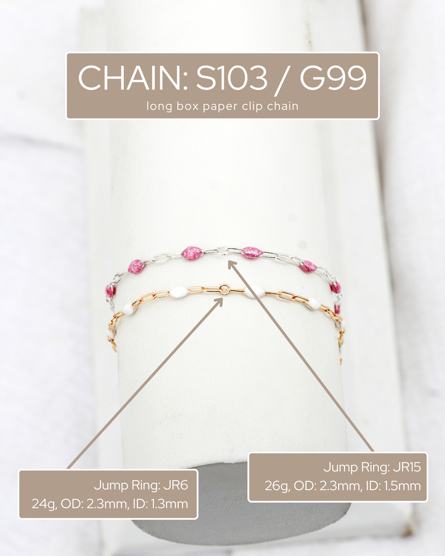 1.4mm Paperclip Chain with Pink Enamel Link, S103, G103