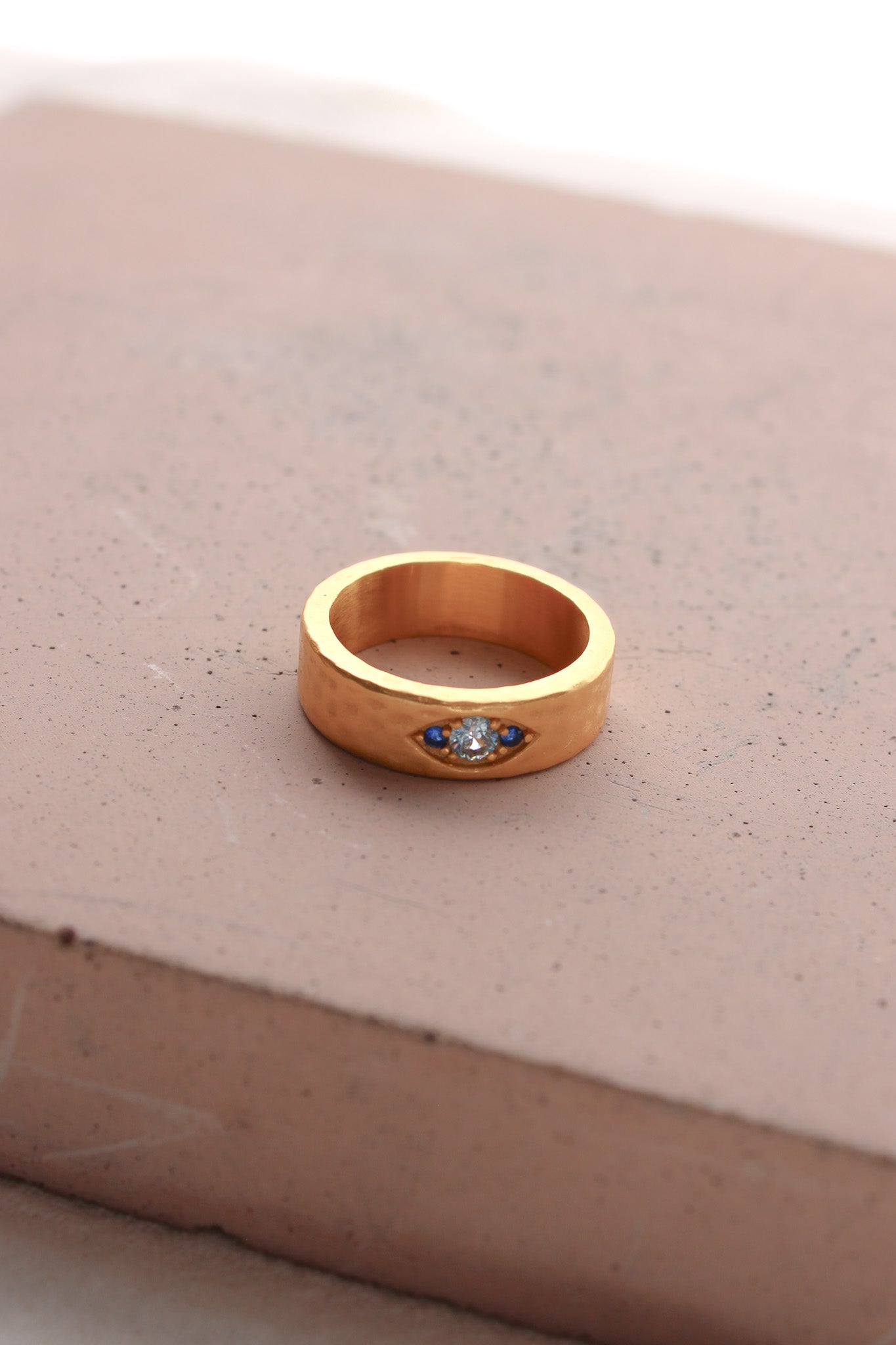 5mm 18K Gold Plated Hammered Cubic Zirconia Evil Eye Ring, R56
