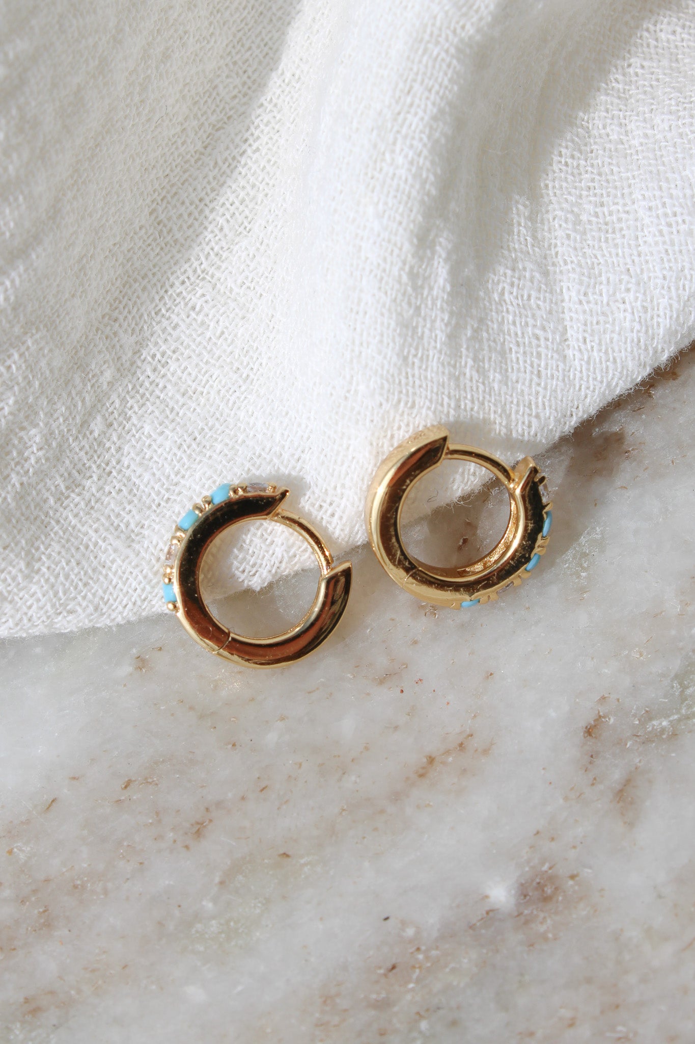 11mm Huggies Hoop Earrings with Turquoise & Cubic Zirconia, E45