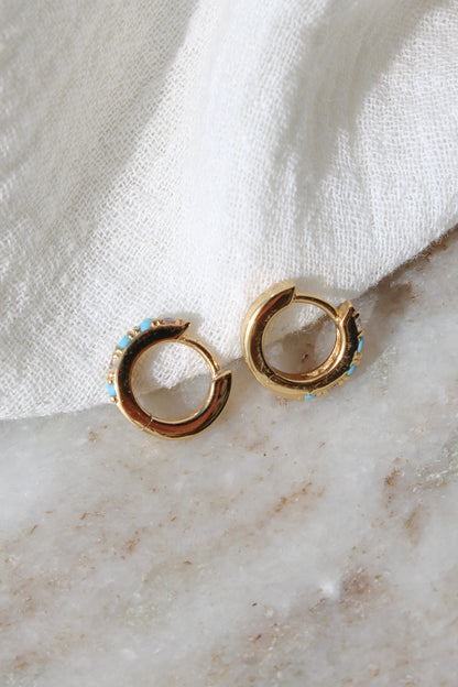 11mm Huggies Hoop Earrings with Turquoise & Cubic Zirconia, E45