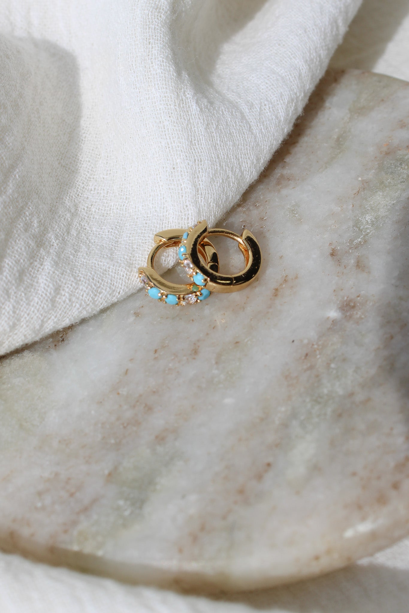 11mm Huggies Hoop Earrings with Turquoise & Cubic Zirconia, E45
