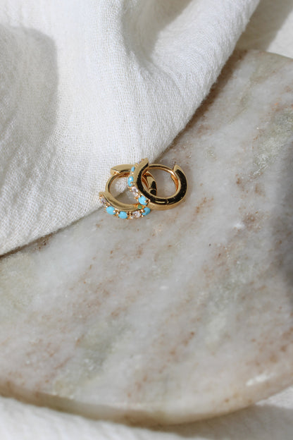11mm Huggies Hoop Earrings with Turquoise & Cubic Zirconia, E45