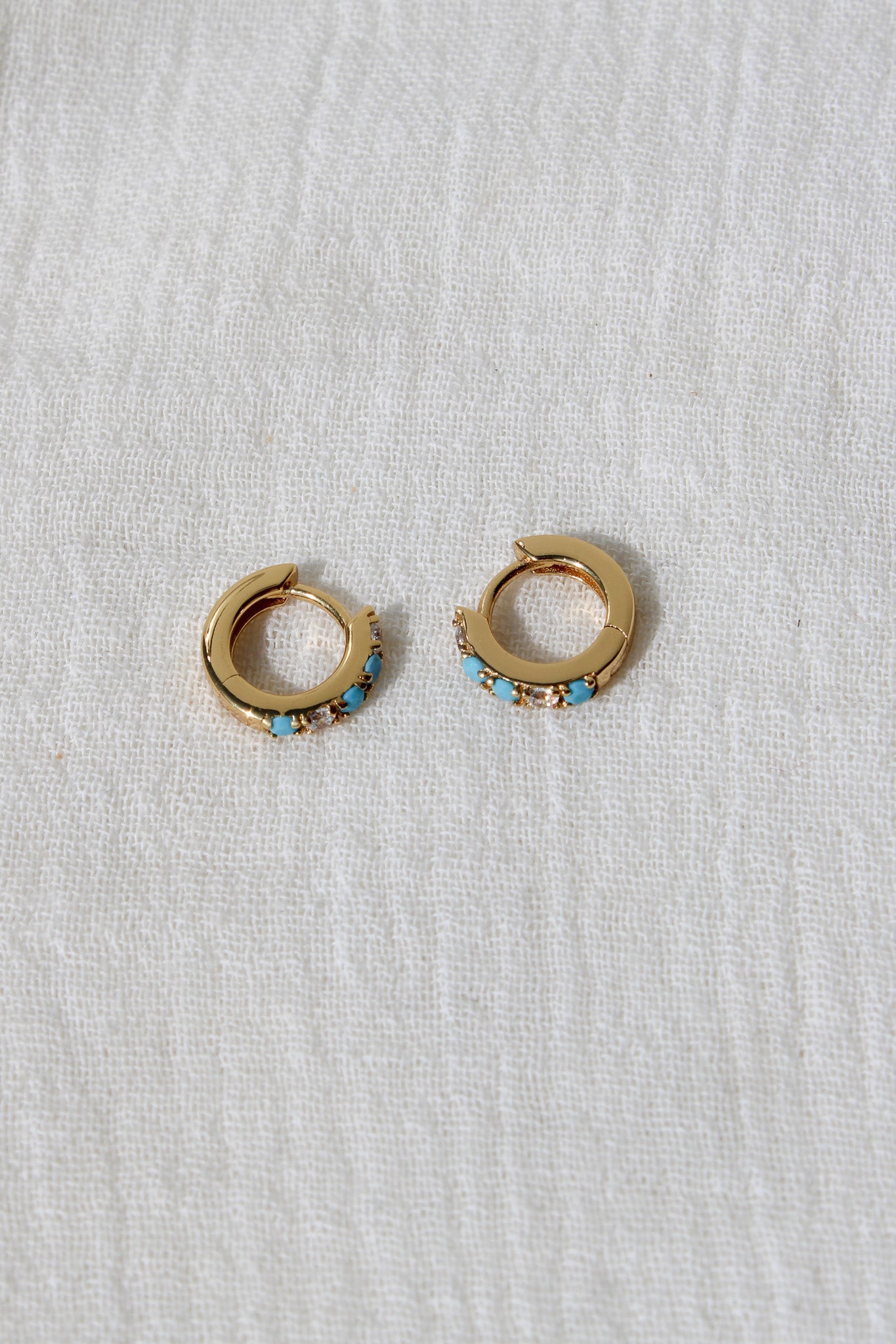 11mm Huggies Hoop Earrings with Turquoise & Cubic Zirconia, E45