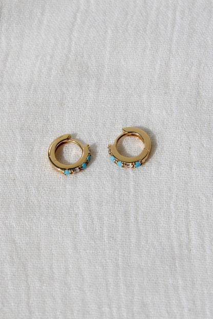 11mm Huggies Hoop Earrings with Turquoise & Cubic Zirconia, E45
