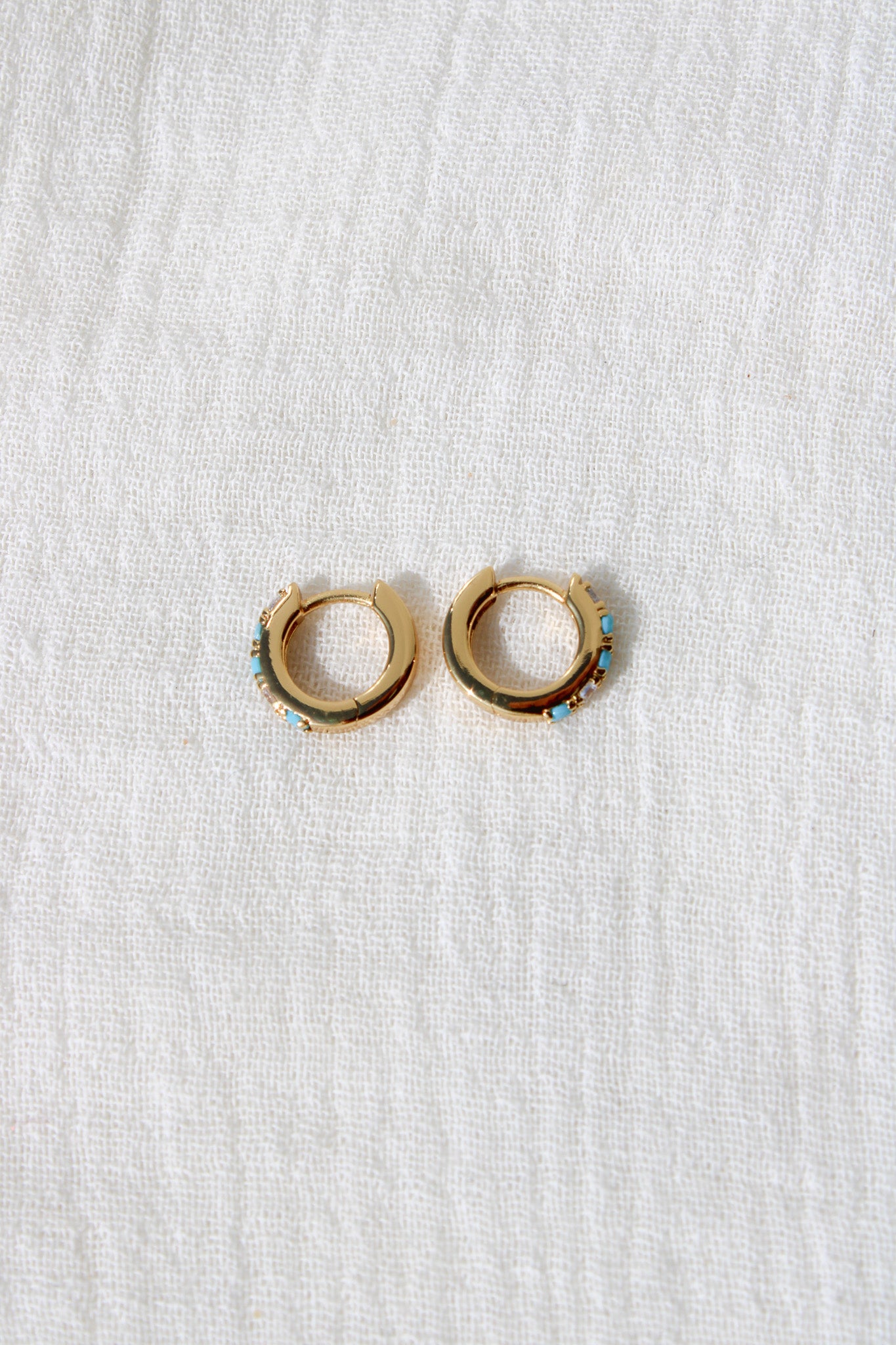 11mm Huggies Hoop Earrings with Turquoise & Cubic Zirconia, E45