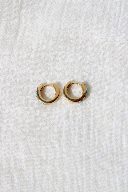 11mm Huggies Hoop Earrings with Turquoise & Cubic Zirconia, E45