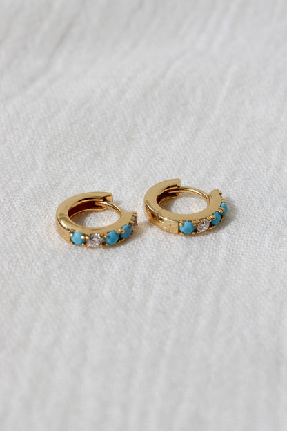11mm Huggies Hoop Earrings with Turquoise & Cubic Zirconia, E45