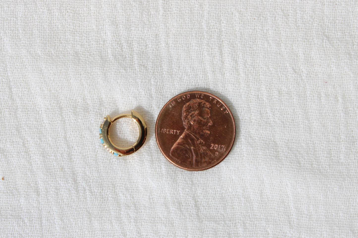 11mm Huggies Hoop Earrings with Turquoise & Cubic Zirconia, E45