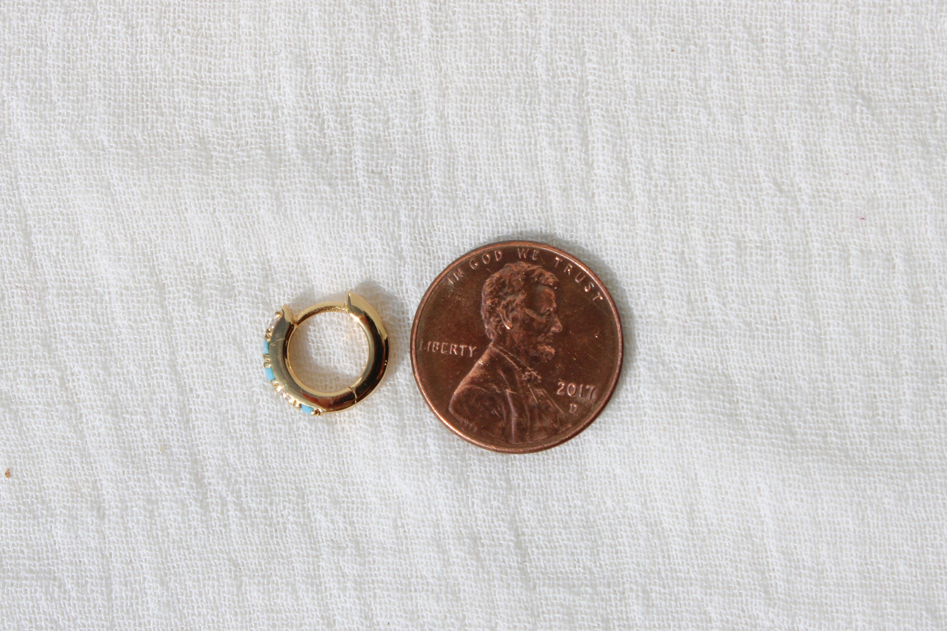 11mm Huggies Hoop Earrings with Turquoise & Cubic Zirconia, E45