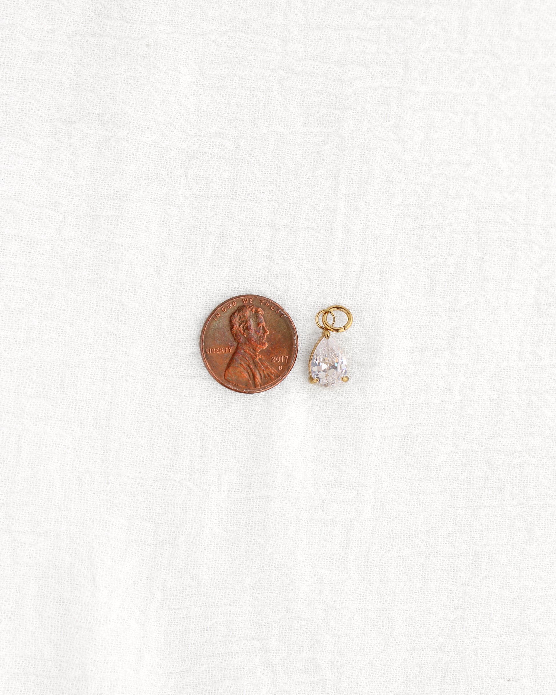 15mm White Zircon Teardrop PVD Charm, CH374