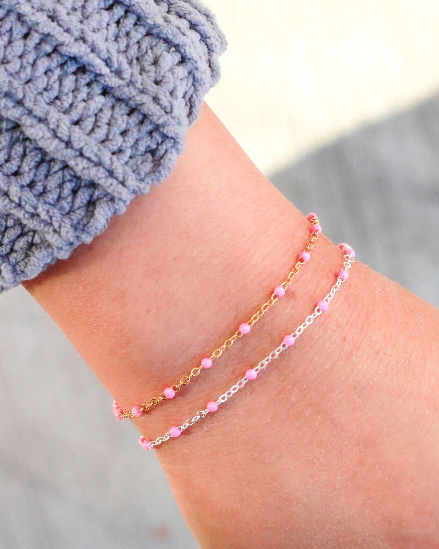 1.7mm Flat Cable Chain with Pink Enamel Dots, G73, S73