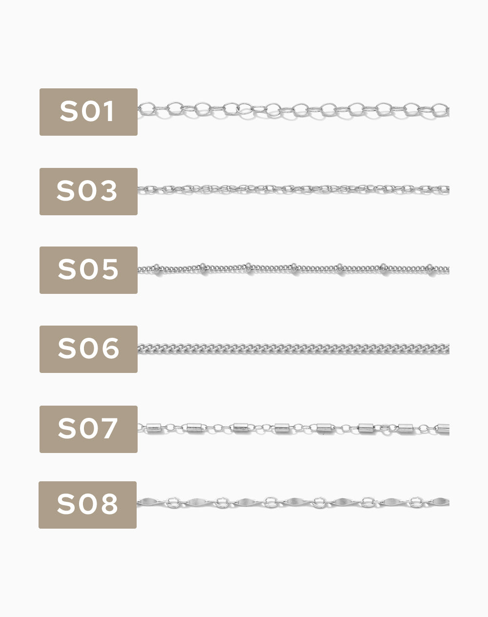 2 inch chain sample, .925 sterling silver, S1-S42, CSP200-5