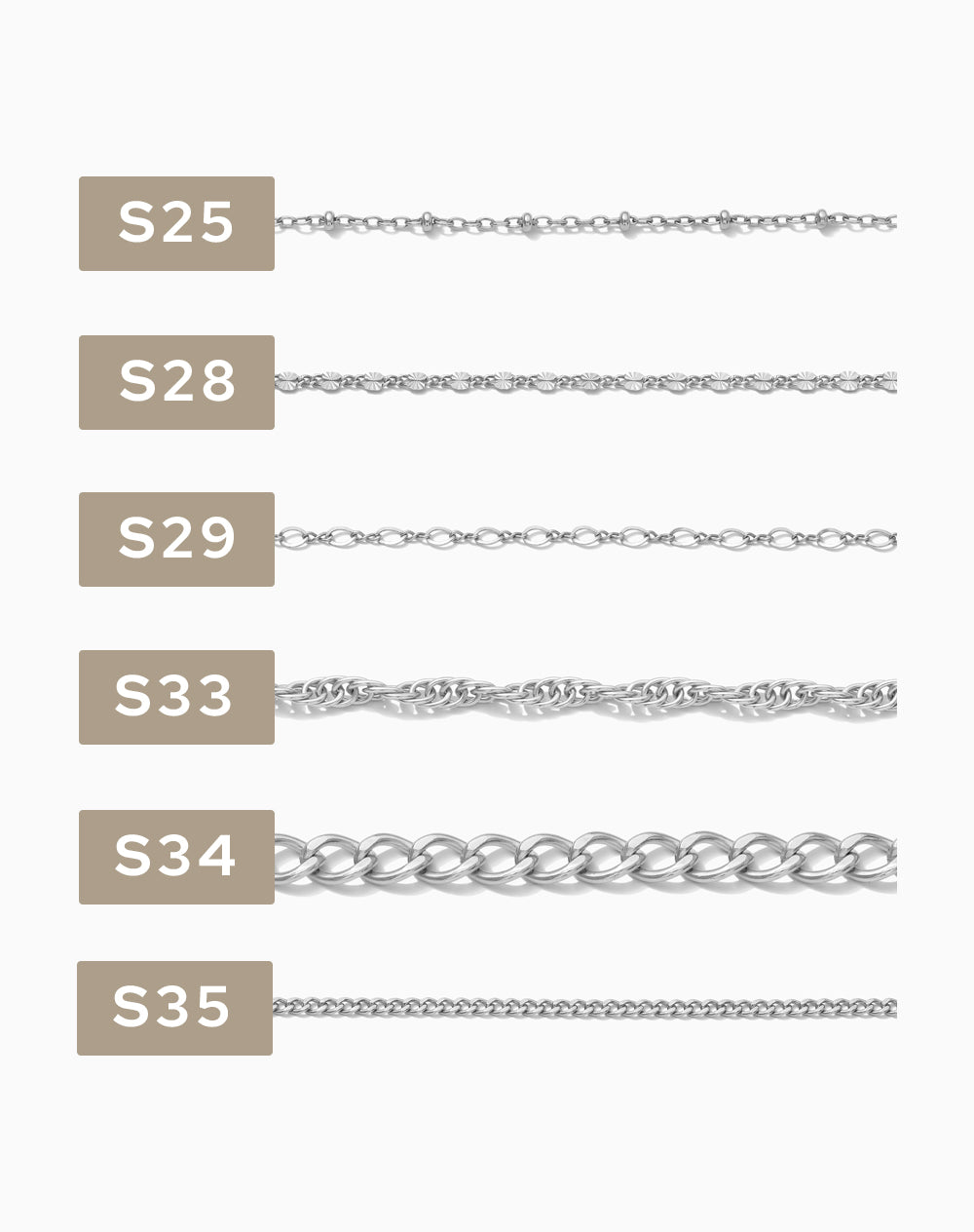 2 inch chain sample, .925 sterling silver, S1-S42, CSP200-5