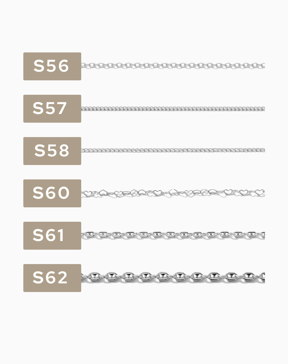 2 inch chain sample, .925 sterling silver, S43-S77, CSP200-6