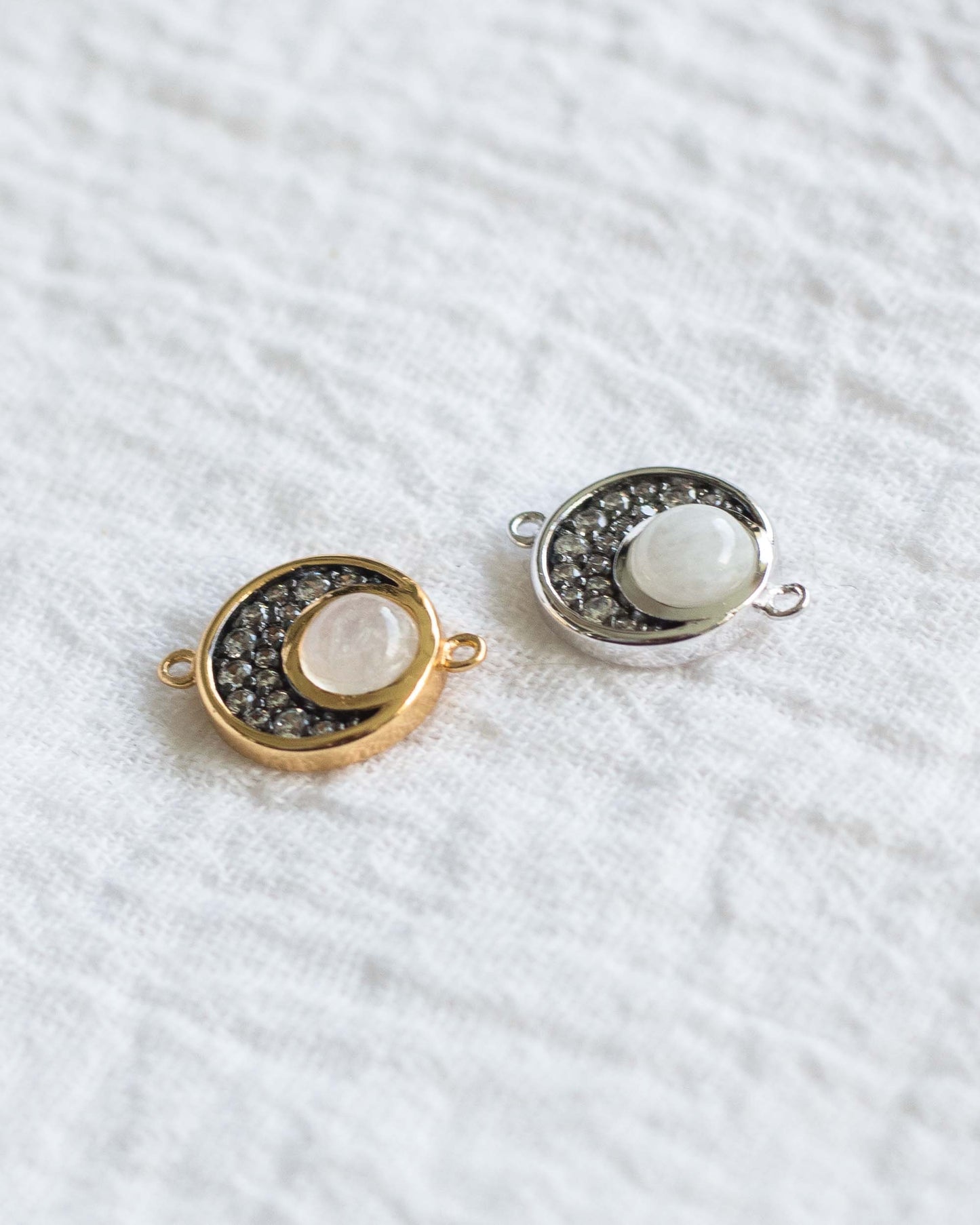 Rainbow Moonstone and CZ Crescent Moon Connector, CN103