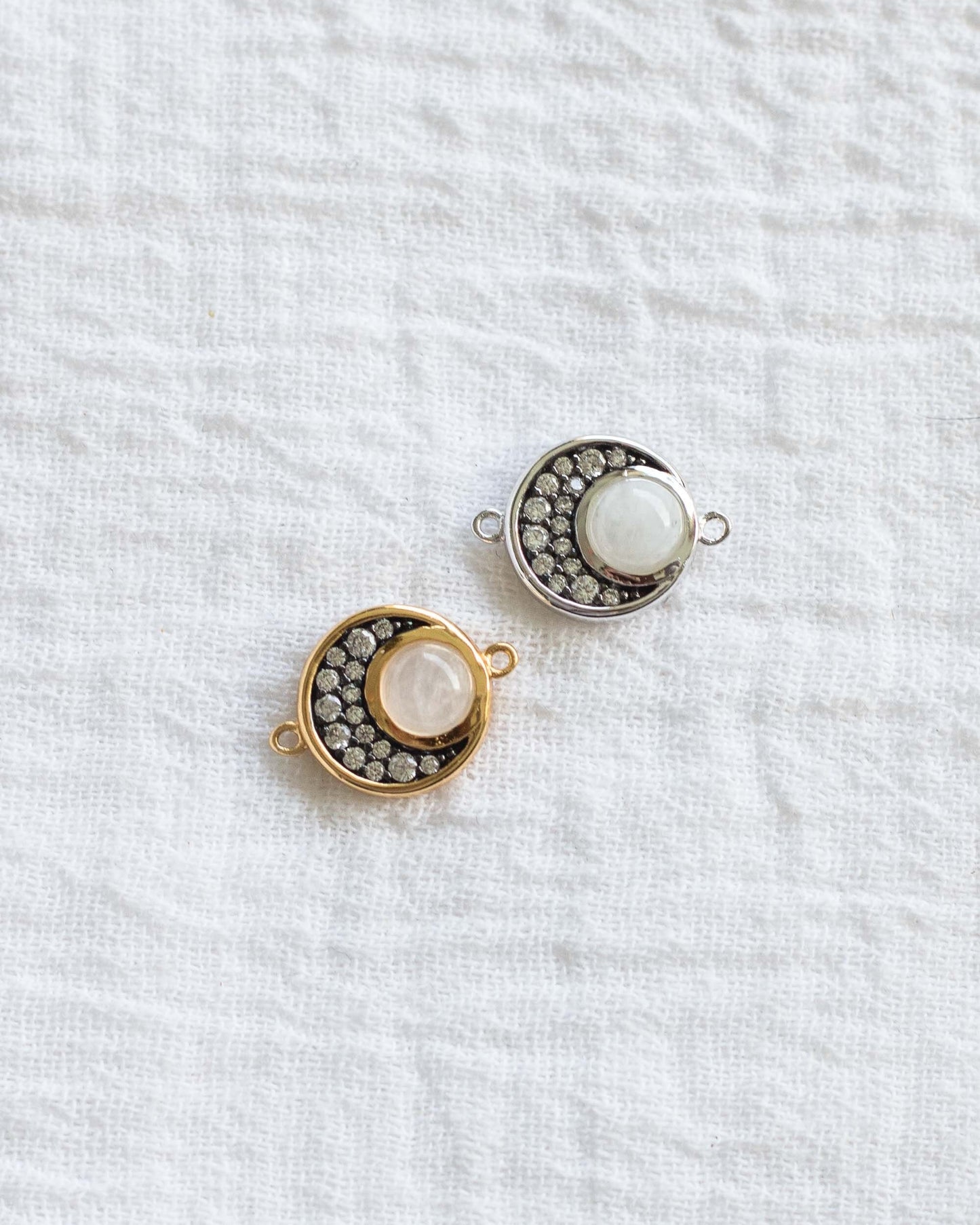 Rainbow Moonstone and CZ Crescent Moon Connector, CN103
